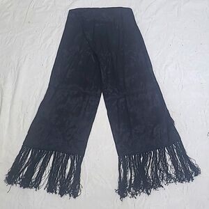 Honey Scarf Black Damask Rayon 6" knotted fringe Floral Texture